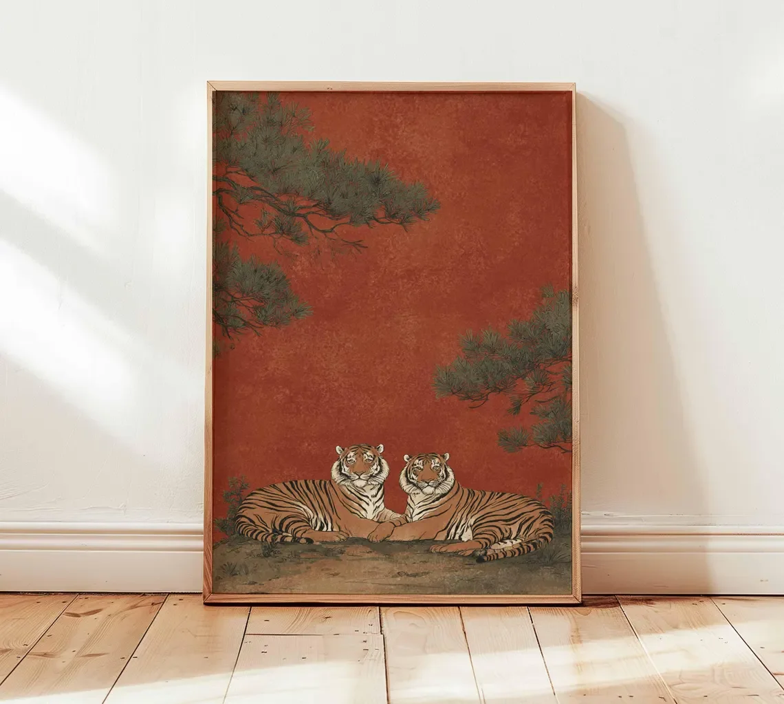 Japanese Tiger Poster, Vintage Wildlife Art Print, Red Oriental Wall Art, Traditional Woodblock Style, Zen Nature Home Decor image 4