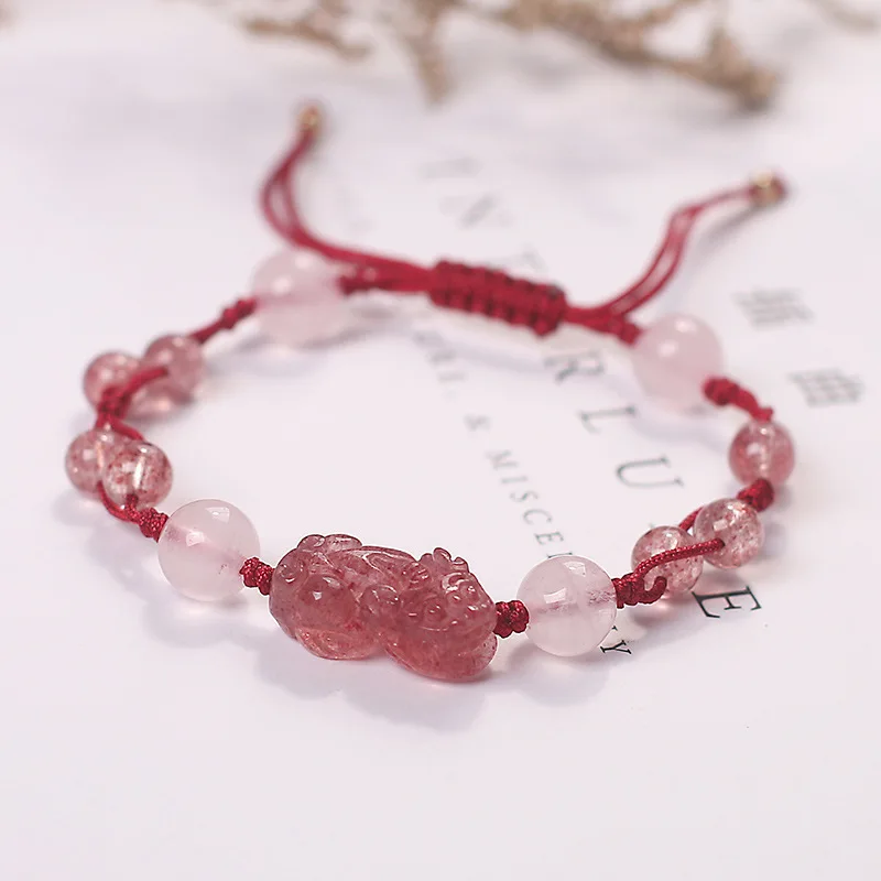 Natural Strawberry Crystal Pixiu Red String Bracelet for Women Pink Crystal Bracelet for Luck and Romance Gifts