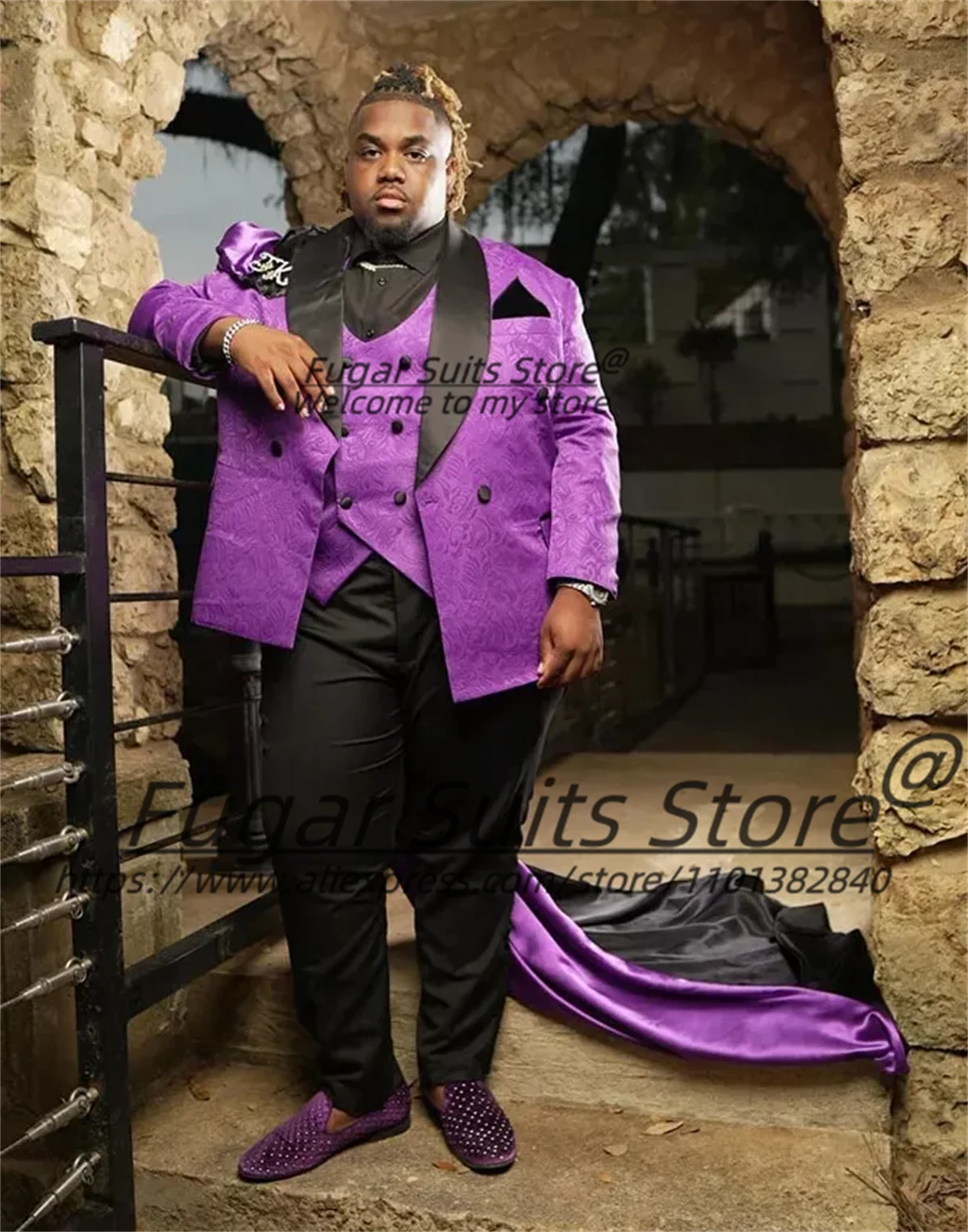 

Formal Purple Jacquard Men Suits Customized Plus Size Shawl Lapel Groom Wedding Tuxedos 3 Pcs Sets Male Prom Blazers Ropa Hombre