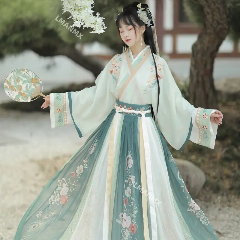 Printed cross collar waist length skirt with Chinese style Hanfu for female students, daily spring and autumn styles