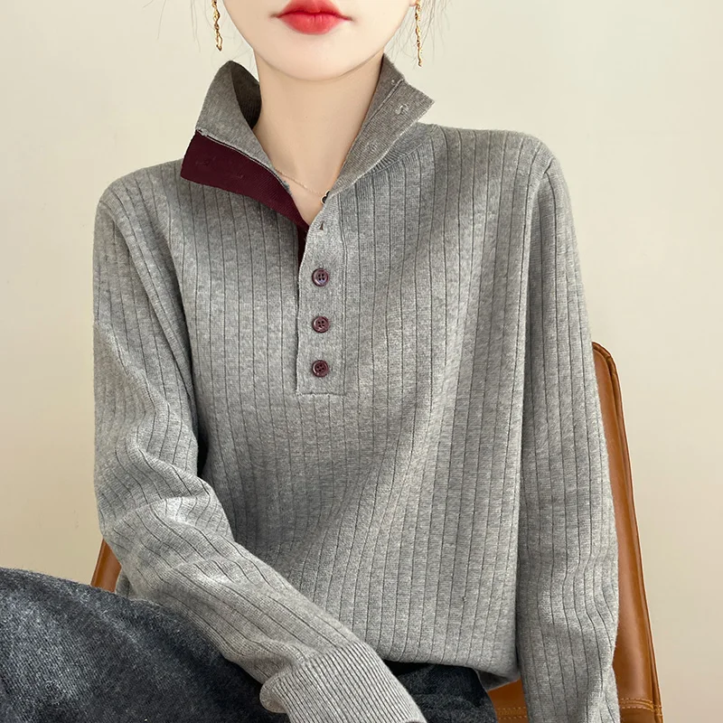 Casual, bijpassende opstaande kraag voor dames, nep twee nieuwe slanke en veelzijdige gebreide tops van 100% zuivere wol in herfst en winter.