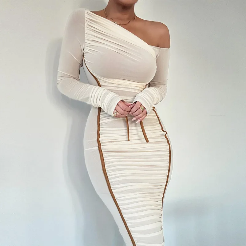 

Elegant and beautiful women's dresses Women's fashionable pleated midi dress with long sleeves mesh panels and slanted shoulders