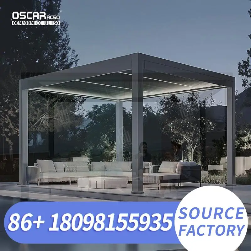 12x16ft Outdoor Aluminum Motorized Adjustable Roof LED Pergola Gazebo for Backyard BBQ Kitchen Patio pergola