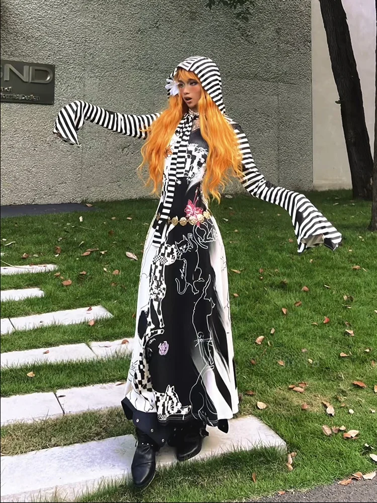 

Faionable Witch Print Patterned Long Sve Hooded Dr with Fi Tail Skirt High Waist Bla White Stripes Splicing W...