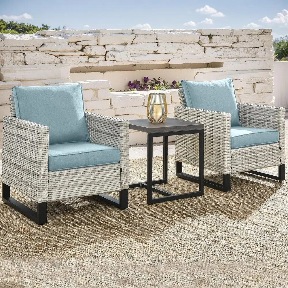 

3-Piece Wicker Bistro Set with Cushions for Outdoor Patio, Deck, or Backyard (Light Grey/Sky Blue)