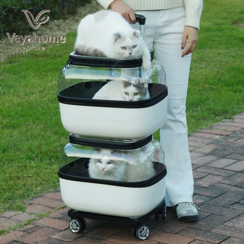 Double Layer Outdoor Cat Trolley Bag Wheels Carrier Transparent Cats Strollers 2 Cats Cheap Breathable Pet Supplies Portable