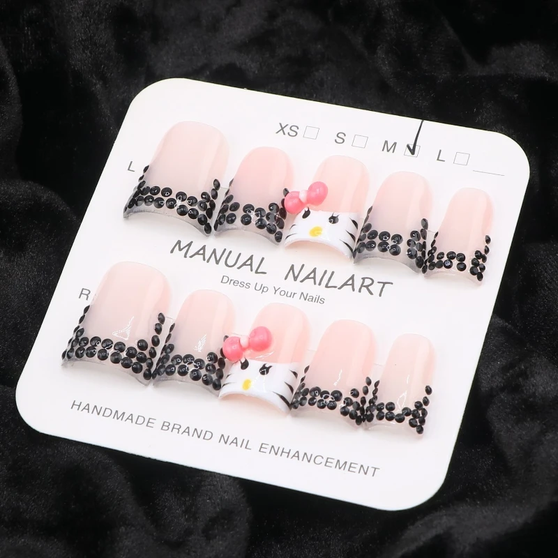 

10 шт., короткие накладные ногти в виде утконоса, акриловые ногти ручной работы с бантом Hellokitty, черные стразы, украшенные французскими накладными ногтями