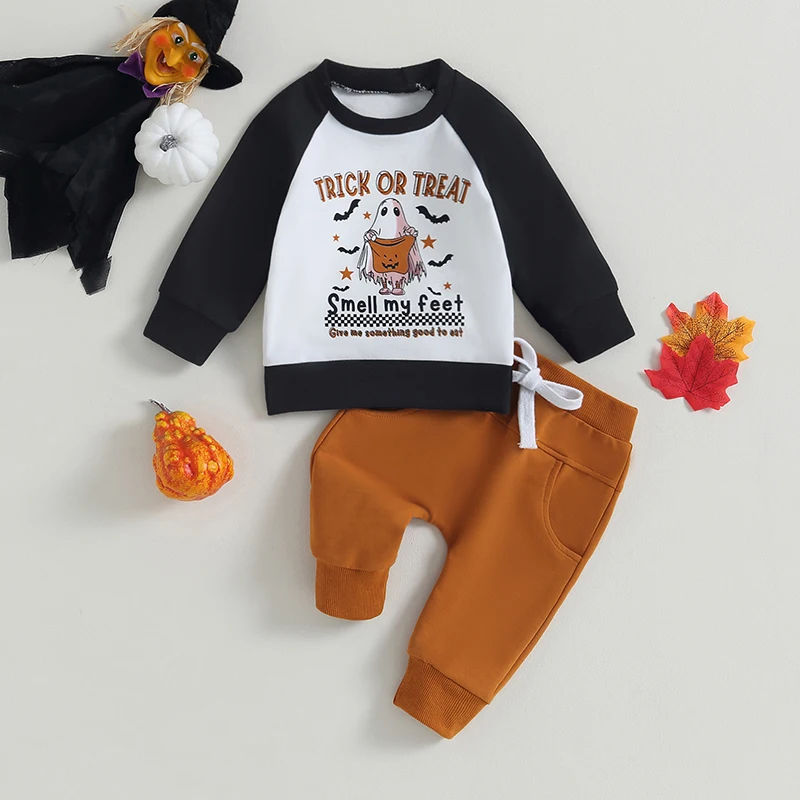 

BeQeuewll Toddler Boys Halloween Clothes Letter Ghost Print Long Sleeve Sweatshirt and Elastic Pants for Baby 2 Piece Outfits