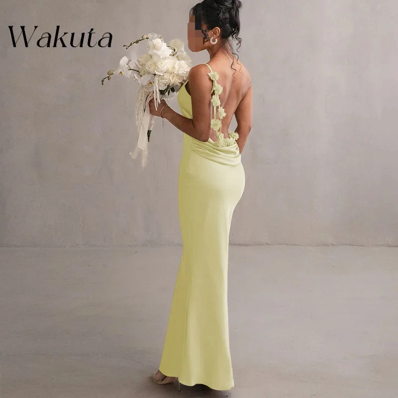 Wakuta Elegant U-neck Spaghetti Strap Satin Cocktail Gowns 3D Floral Decoration Backless Vestido Elegante Mujer فساتين السهرة