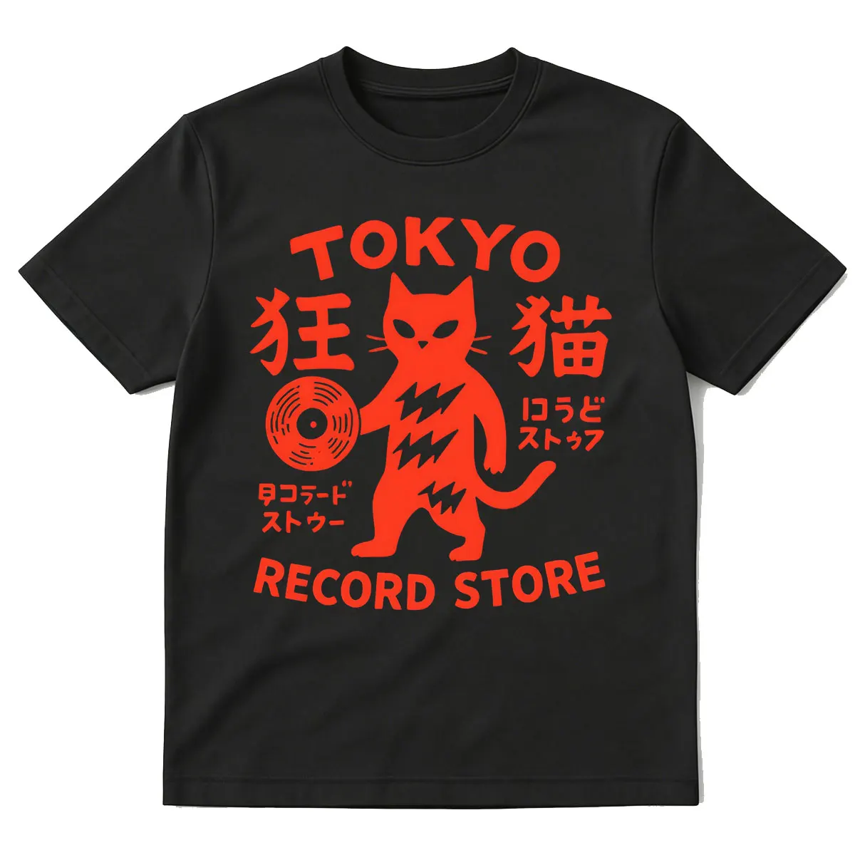 Tokyo Record Store Cat Vinyl Record Player Rock Dj Band Japanese Funny T-shirts Men Women Clothing Cotton Short Sleeve T Shirts