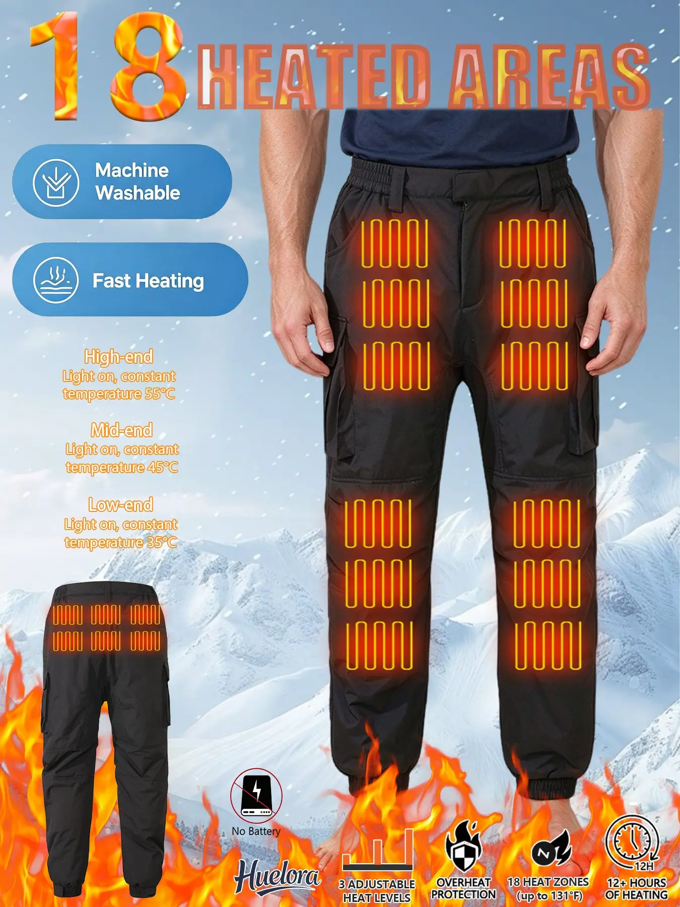 Heated Cargo Pants 18 Heating Zones 3 Heat Settings Machine Washable Thermal Trousers Outdoor Ski Fishing Winter Warm, Plus Size