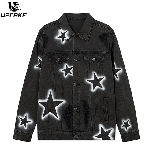 

UPRAKF Star Washed Patchwork Jacket Retro Black Baggy Jeans Coat Casual Outwear Tops High Street Fashion