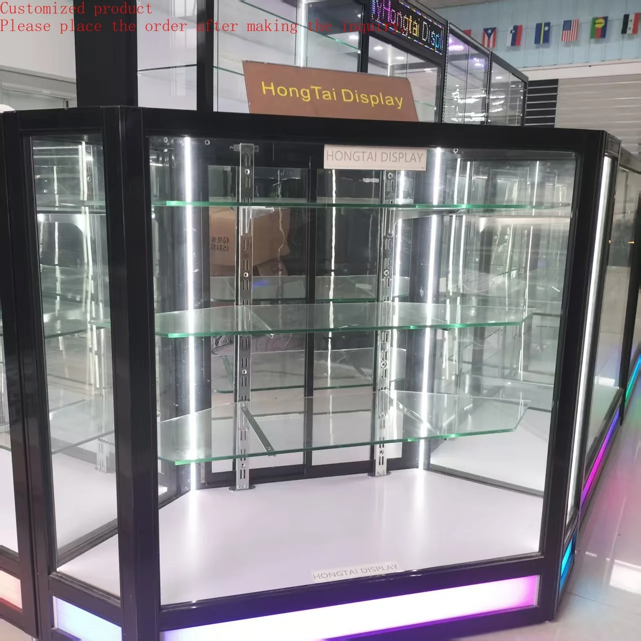 

Custom.Hexagonal Showcase Counter With Multi Color Light and Strips Light Shop Fitting Smoke Shop Display for Showcase Cabinet