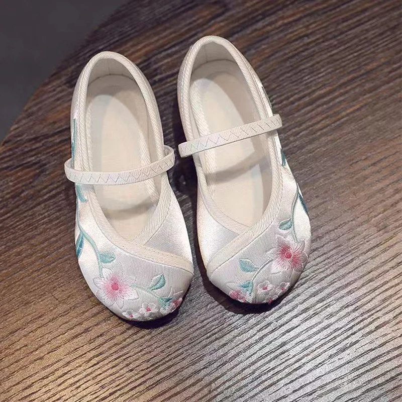 Children Hanfu Flat Shoes Kids Flower Embroidery Ethnic Chinese Style Toddler Baby Princess Girl Ancient Dance Performance