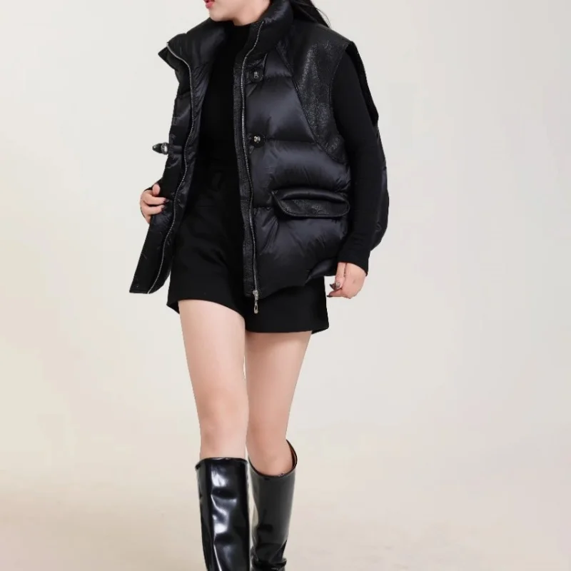 Inverno 2025 feminino gola engrossado quente para baixo colete y2k moda de alta qualidade solto curto ganso para baixo colete