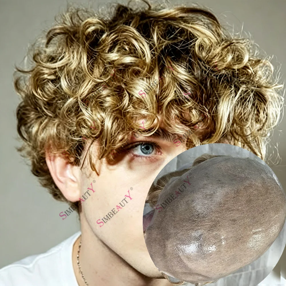 Microskin Super Natural Hairline 20mm/25mm Curly Human Hair Toupee for Men Vloop 0.06mm PU Curly Hairstyle New Male Prosthesis