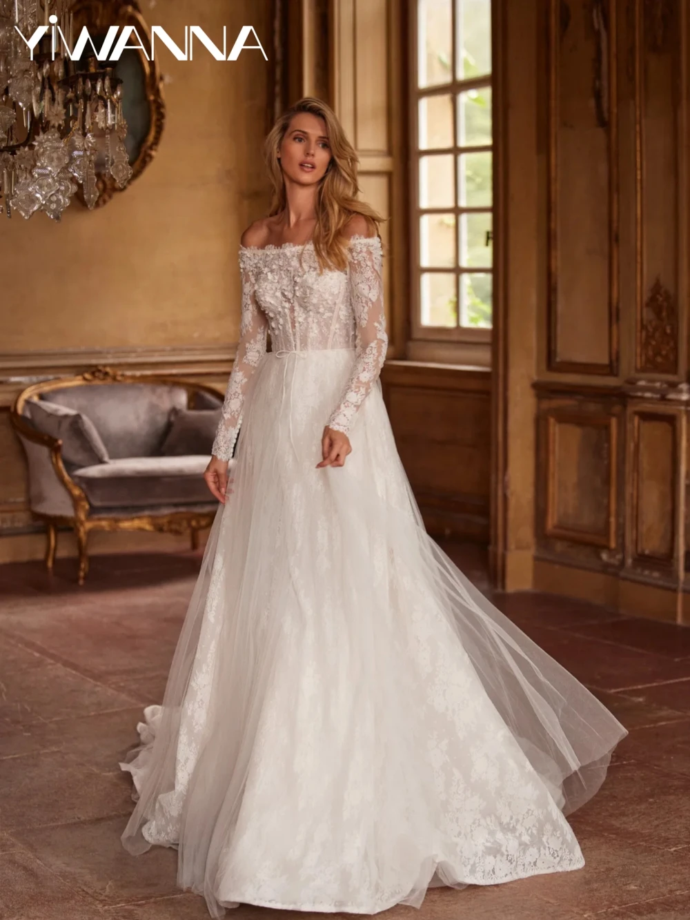 

Glitter Beaded Lace Off Shoulder Wedding Dress Dreamy A-line Long Bridal Gown New Customized Backless Dresses For Bride