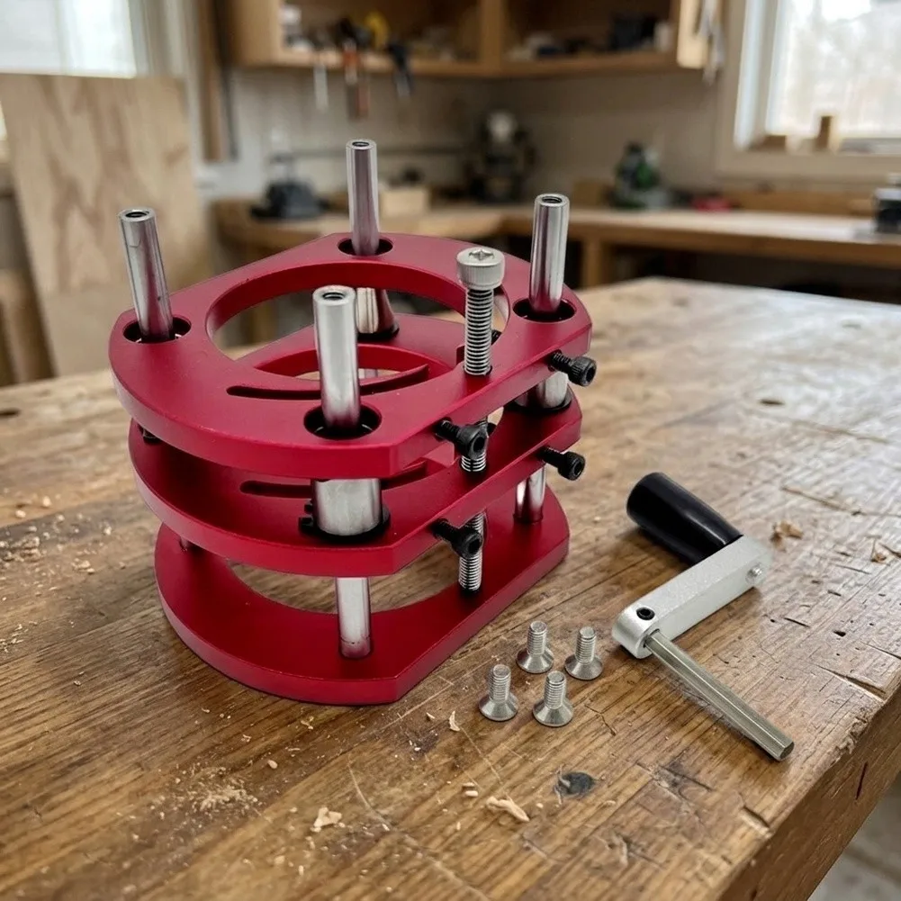 Four-Jaw Router Table Base Compatible with Standard Router Lifts and Engineered for Repeatable Bit Depth Control