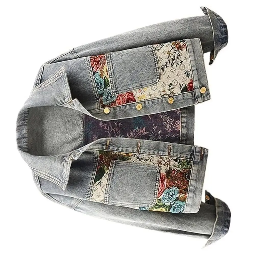 

Spring Autumn New Denim Jacket Women Print Splicing Long Sleeve Lapel Denim Coat Female Tops Short Fashion Ladies Cowboy Outwea