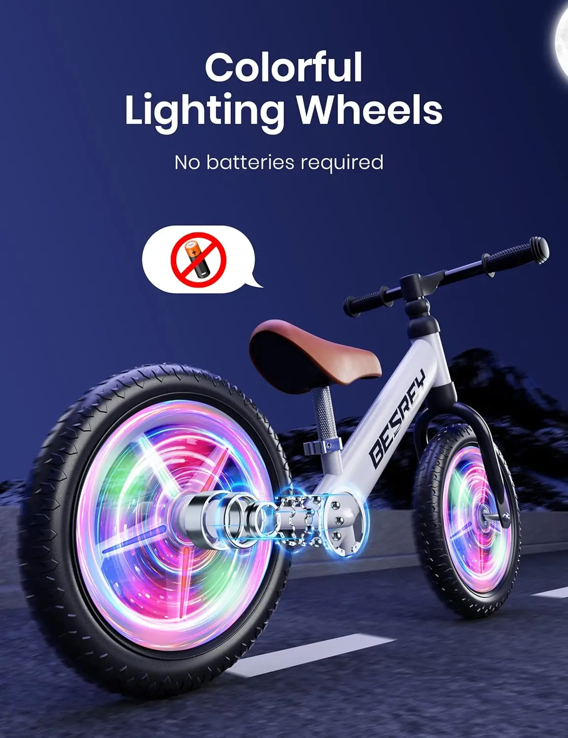 Bici da equilibrio con illuminazione colorata da 12 pollici per 2 anni, bici da equilibrio per bambini con robusta struttura in ferro, sedile regolabile con pneumatici piatti in EVA