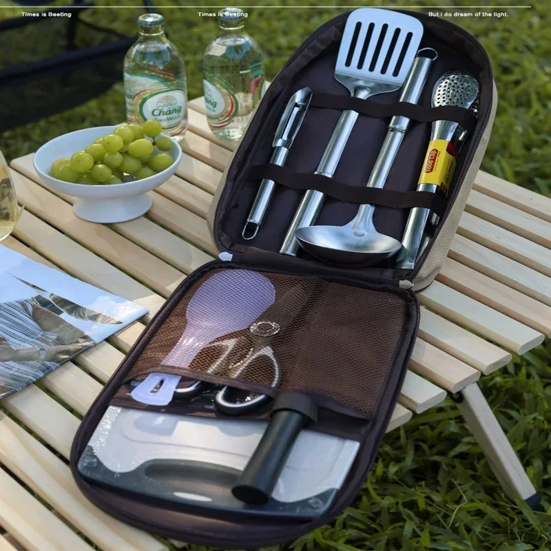 Outdoor Cookware 8-piece Set Camping Kitchen Utensils Portable Stainless Steel Tableware Camping Picnic Supplies BBQ Tools