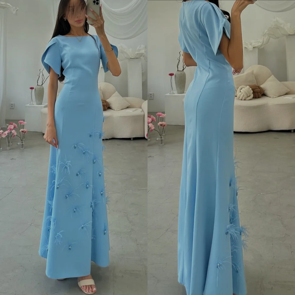 

Customized Charmeuse Feather Rhinestone Boat Neck A-line Midi Dresses Bespoke Occasion Fashion Elegant Party Gown Glitter
