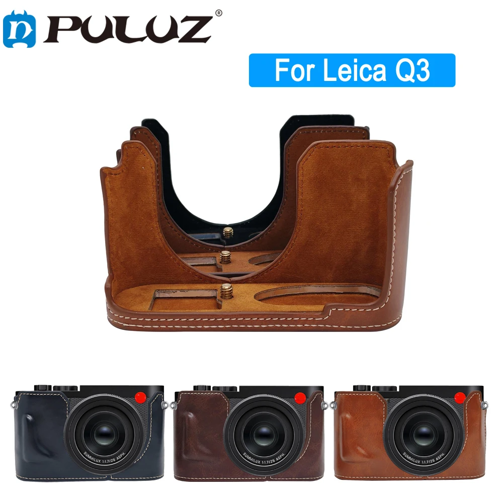 PULUZ PU Leather Half Case For Leica Q3 Camera 1/4 inch Screw Base Protective Cover