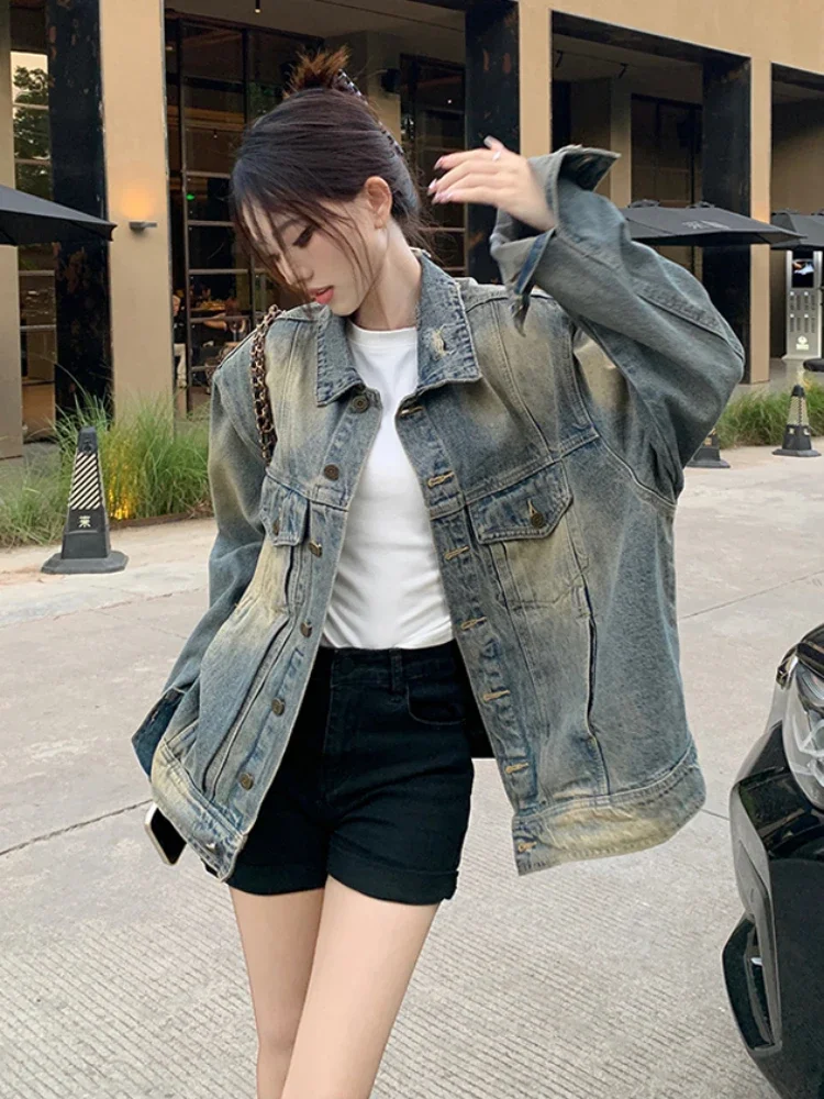 Denim Jackets Women Autumn Do Old Loose Streetwear American Style Fashion Cool Girl Temperament Boyfriend Frayed Leisure Chic