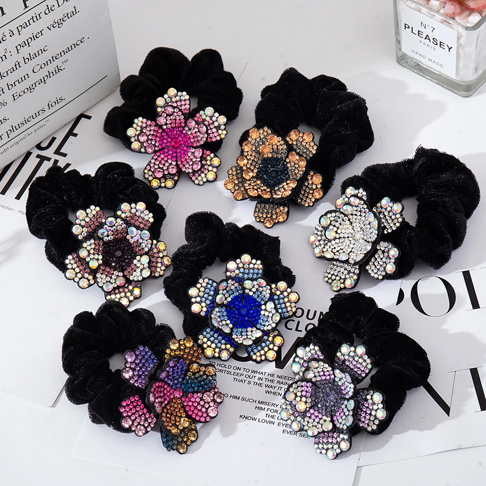 Kadın Rhinestone Scrunchies kadife elastik saç bantları çiçek saç halat yüzükler at kuyruğu tutucu kristal şapkalar saç aksesuarları