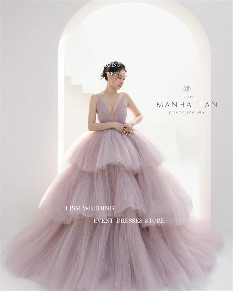 LISM 2024 Gorgeous Dusty Pink Tulle Wedding Dresses Korea Photoshoot V Neck Layered Tiered Bridal Gowns Evening Party Dress