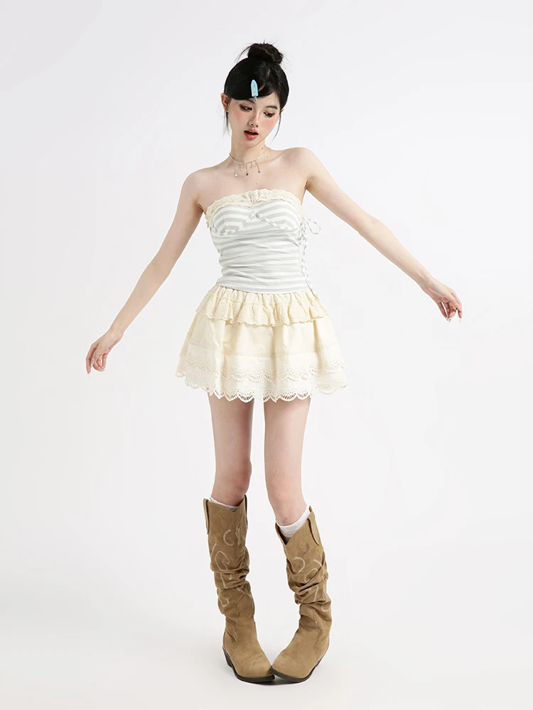 

Summer New Sweet Cool Spicy Girl A-Line ort Skirt Women Lace Cake Dr ort Dr High Waist Zipper Sle Pure Color