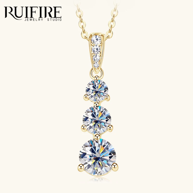 

RUIFIRE 14K Gold Plated S925 Sterling Silver Three Stone Moissanite Pendant Chain Necklaces For Women Wedding Party Jewelry Gift