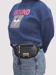 Black Women's Waist Bag PU Belt Bags Elliptical Tassel Shoulder Crossbody Bag Female Fanny Pack Fashion Chest Bag Satchel Purse