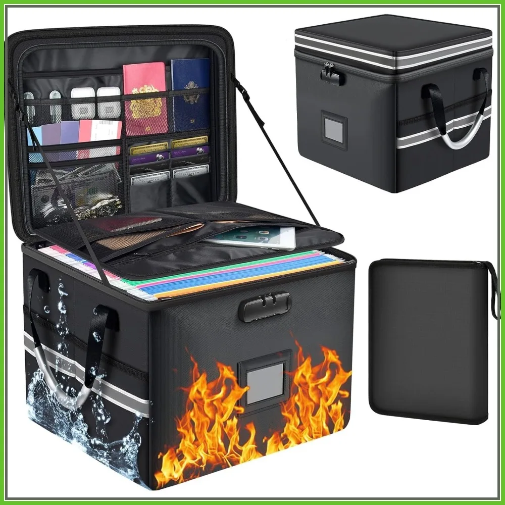 

Fireproof Document Box 60L, 2-Layer File Cabinet with Lock, Collapsible Water Resistant Storage for Home Office