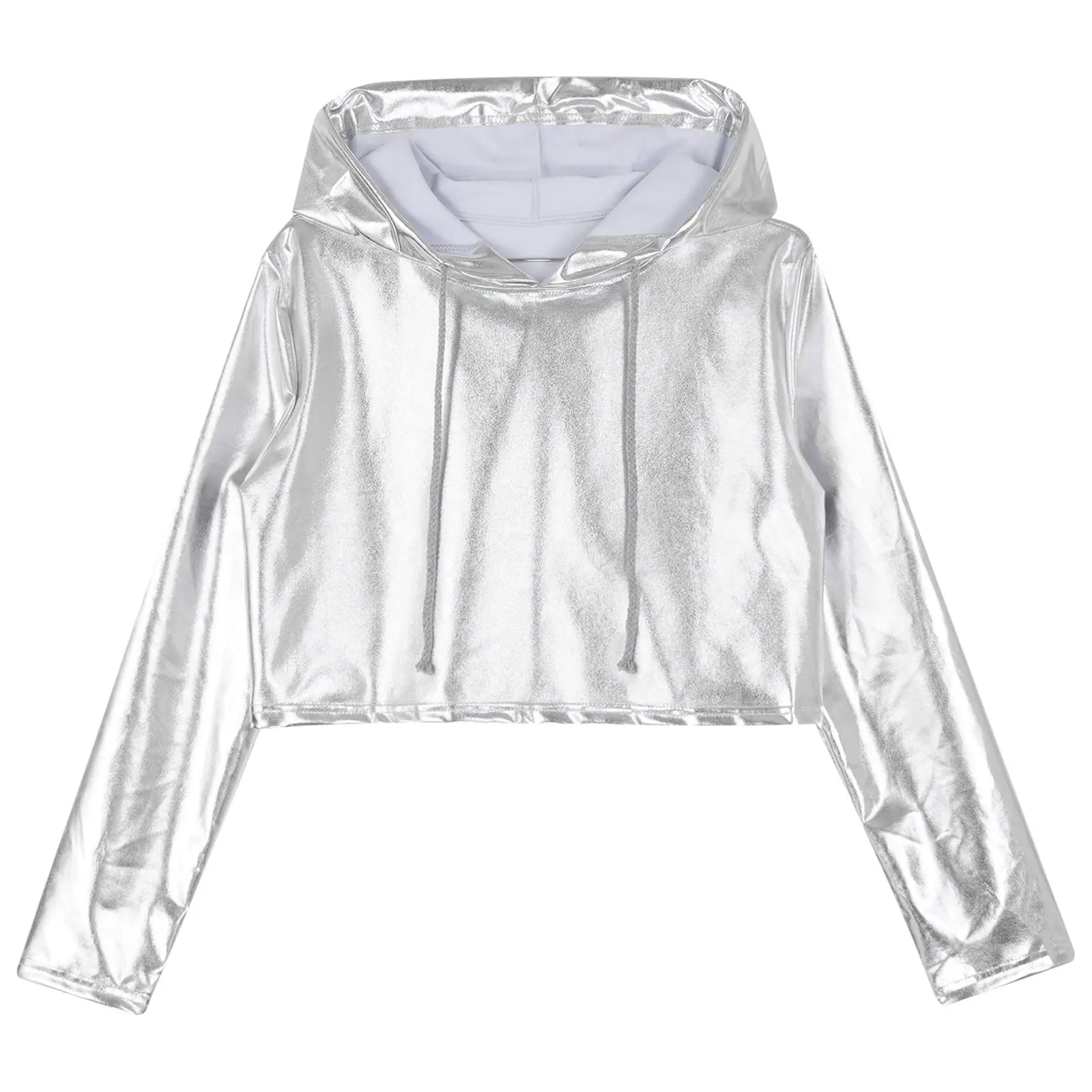 Damen Metallic holo graphische Hoodies Langarm Kordel zug Kapuze Crop Top Pullover Mode Rave Party Disco Tanz Streetwear