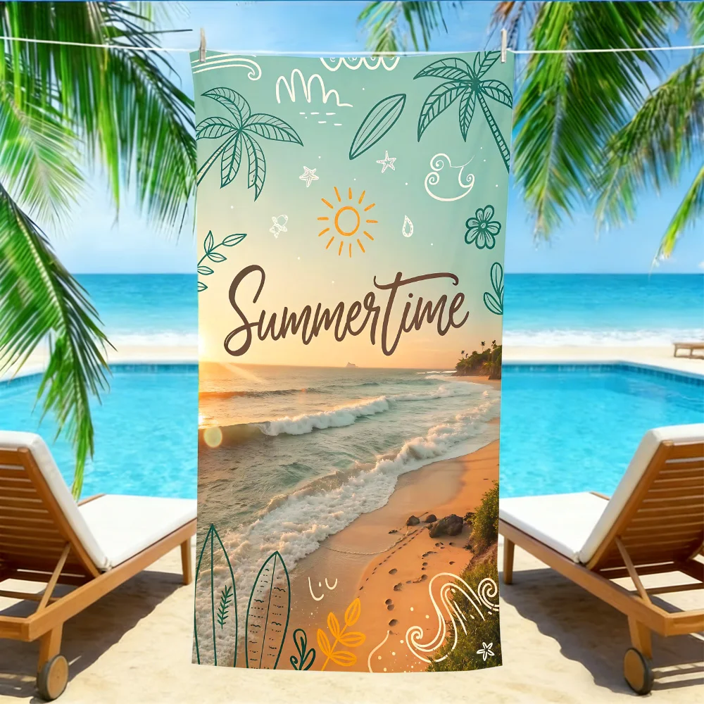 Summertime Beach Towel – Oversized Quick Dry Sand Free with Sunset & Hand-Drawn Palm Print
