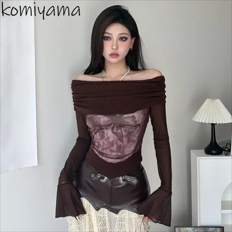 

Vintage Print Ropa Mujer 2025 Woman Sweater Slash Neck Long Sleeve Roupas Feminina Off Shoulder Tops Sexy Mesh Outerwears