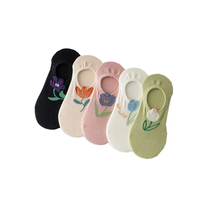 Calcetines de verano multicolores transpirables absorbentes de sudor para mujer, medias de dibujos animados tridimensionales con flores pequeñas