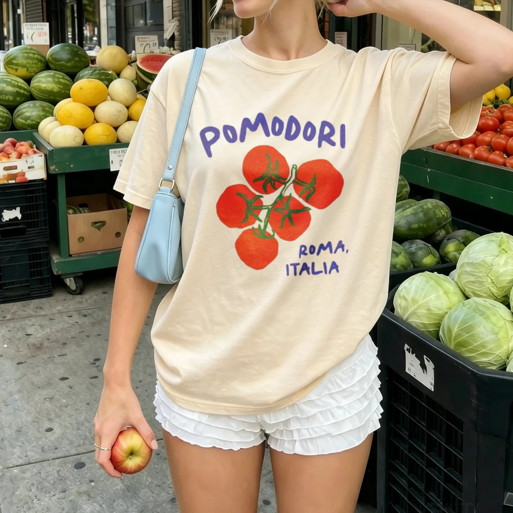 Pomodori Roma Italia Hand Doodle Vine Cherry Tomato Simple Art Print Women Cotton Tee Italian Kitchen Minimalist Vegetable Tops