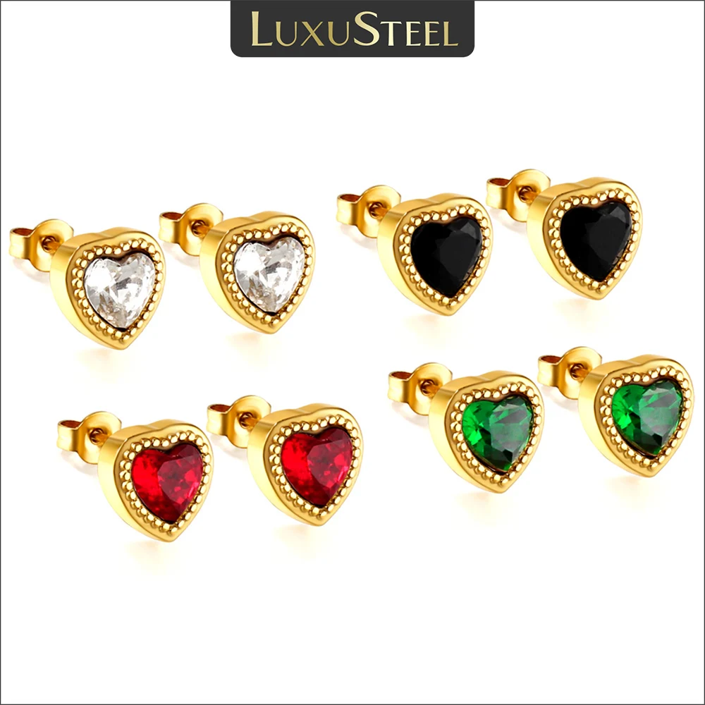 LUXUSTEEL Crystal Love Heart Stud Earrings Golden Plated Stainless Steel Green Black Red CZ Rhinestone Y2K Accessories for Women