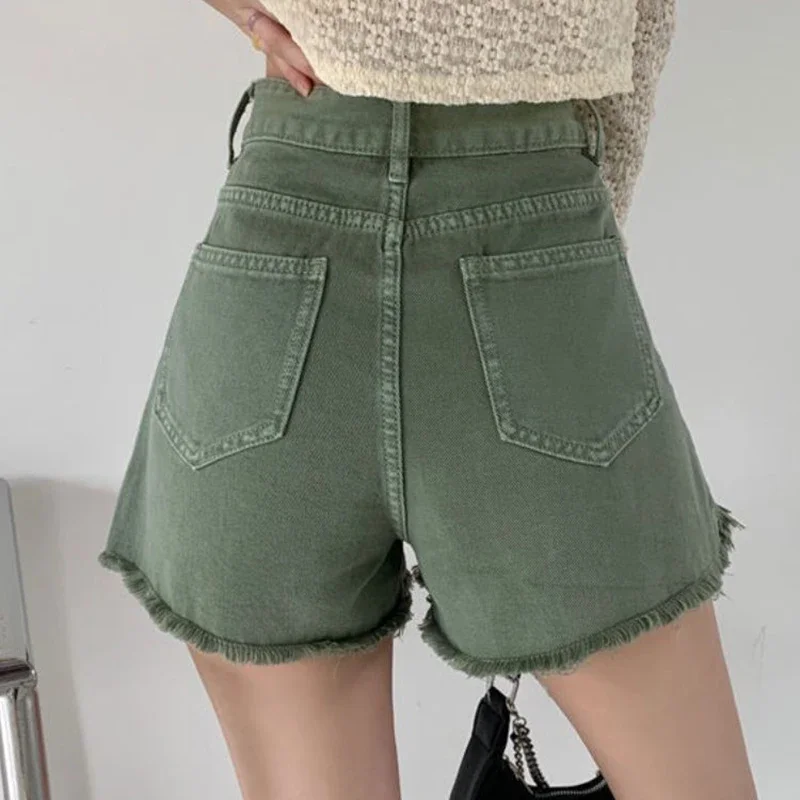2025年夏 レディースファッション 刺繍入り リップドデニムショーツ 女性用 グリーン ショートジーンズ ガールズ シック ハイウエスト ジーンズ パンツ サイズ S-XL
