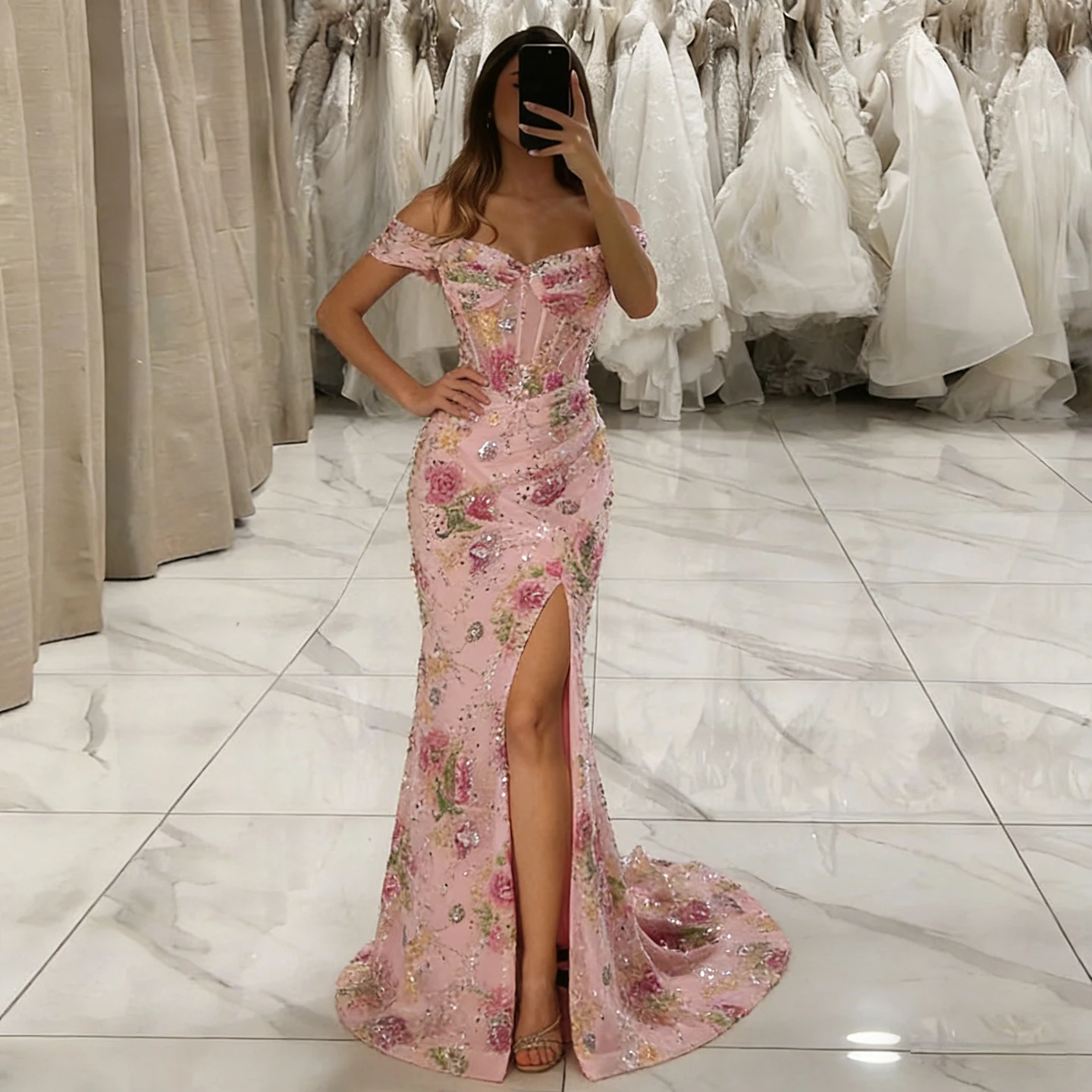 

Eshault&bridal Pink Luxury Floral Beaded Mermaid Evening Dress Off Shoulder Long Formal Prom Wedding Party Gown Customized 2026