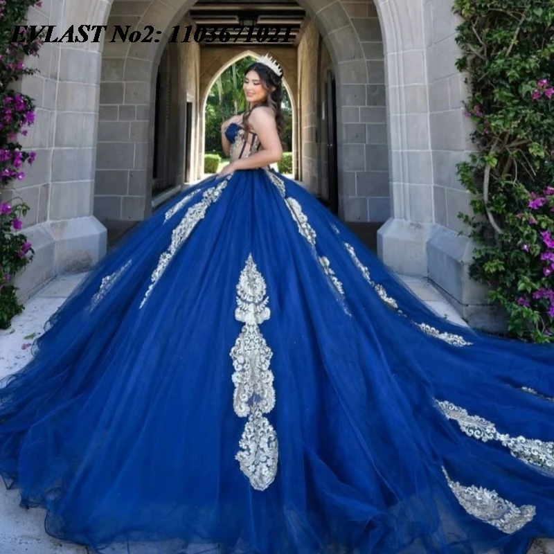 Evolt personalizado brilhante azul real quinceanera vestido de baile ouro applique miçangas espartilho doce 16 vestidos 15 anos e2qa188