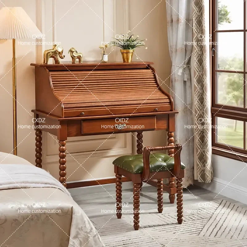 Medieval Style Solid Wood Dresser with Roller Shutter Makeup Table and Mirror High End Storage Cabinet for Small Apartment