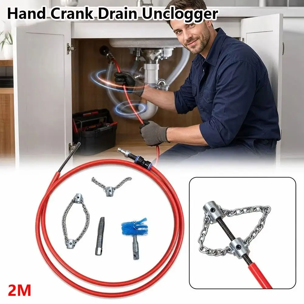 1Set Steel Hand Crank Drain Unclogger 2M Flexible Cable Toilet Clog Remover Complete Attachments Hand Crank Mechanism
