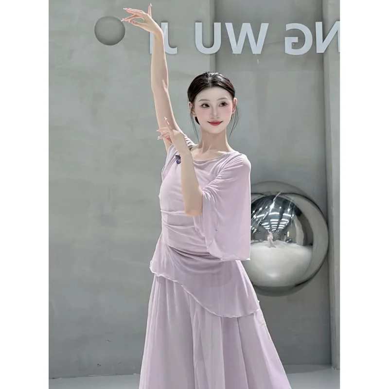 

Ele Silk Top with Flng Sves for Dance Training And Performance Classic Modern Dance Costume Dra
