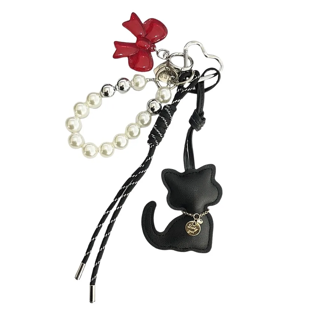 

Light Luxury Pearl String Leather Cat Pendant Bowknot Cute Key Ring Creative Cartoon Cat Bead Rope Keychain Backpack Charms