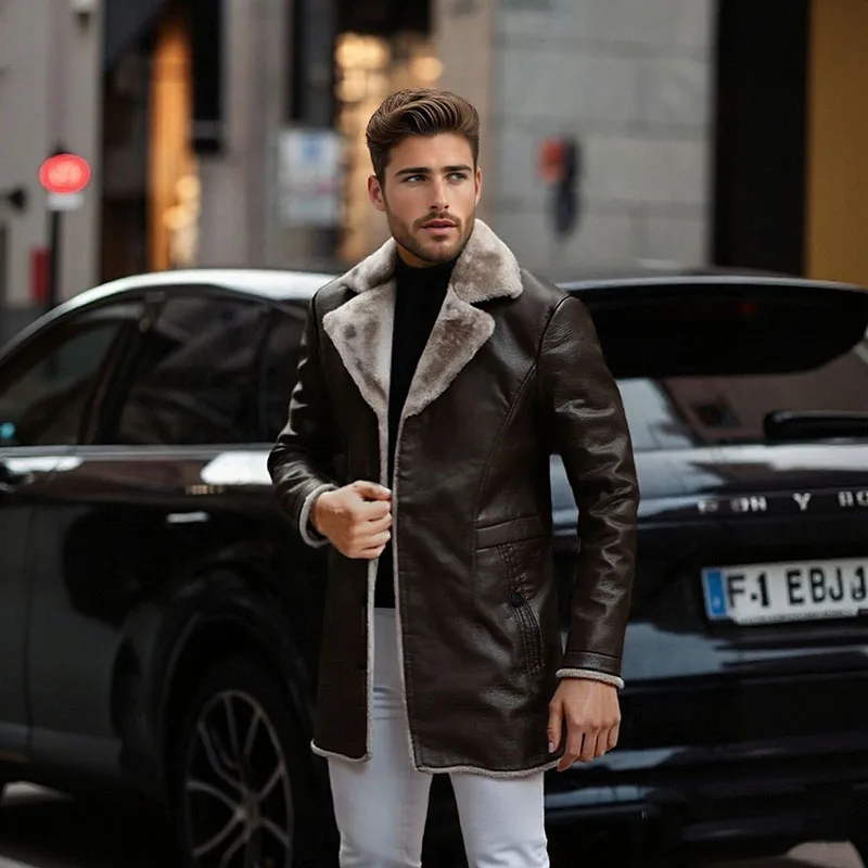 

Men Leather Jackets Coat Men's Winter Fleece Warm Coat PU Leather Jacket Lapel Casual Plush Leather Fur Coat Long Tops Coat Male