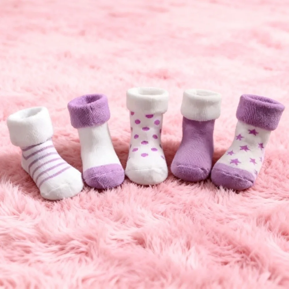 5 Pairs Cotton Baby Short Socks Pink Blue Breathable Newborn Socks Non-Skid Design Polka Dot Stars Winter Socks