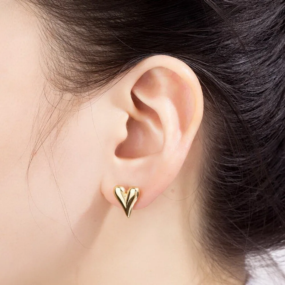 3D Puffy Heart Stud Earrings Stainless Steel 14K Gold Plated Minimalist Plain Love Heart Shaped Ear Studs for Women Gift